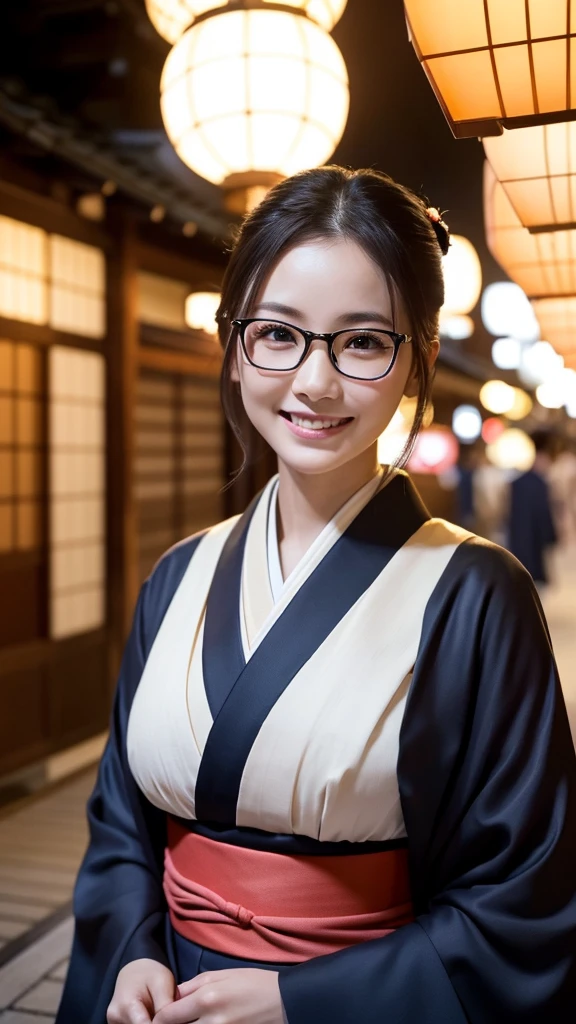 (Super beautiful woman in kimono)、((highest quality、8K masterpiece:1.3))、sharp focus:1.2、(super beautiful face:1.0)、(shiny skin:1.0)、realistic pictures、black hair、video lighting、High resolution eyes and face、video lighting、japanese actress、from the front、big breasts、with a happy smile、Slender abs beauty、whole body、wearing a kimono、in Kyoto、(((luxury obi)))、In Kyoto at night、wearing glasses with no edge、with a fan、Fireworks Display