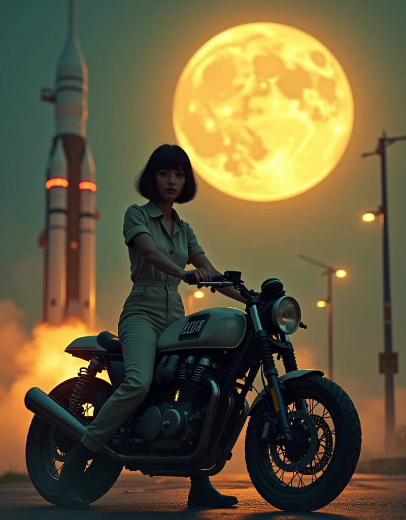 A breathtaking scene set on the night of the Mid-Autumn Festival under a bright yellow full moon. In the foreground, a beautiful young woman from Brooklyn, dressed in a stylish jumpsuit, sits confidently on a classic café racer motorcycle. She has short black bob hair and a cool, composed expression, exuding an urban, sophisticated vibe. The background features a towering space rocket launch pad nearby, with the rocket ready for launch. The scene blends the mystique of the moonlit night with the tension and excitement of a space mission. The vintage motorcycle adds a retro touch, while the overall setting is infused with a mix of urban charm and futuristic ambition. The atmosphere is slightly misty, with the moonlight casting an ethereal glow over the entire scene.