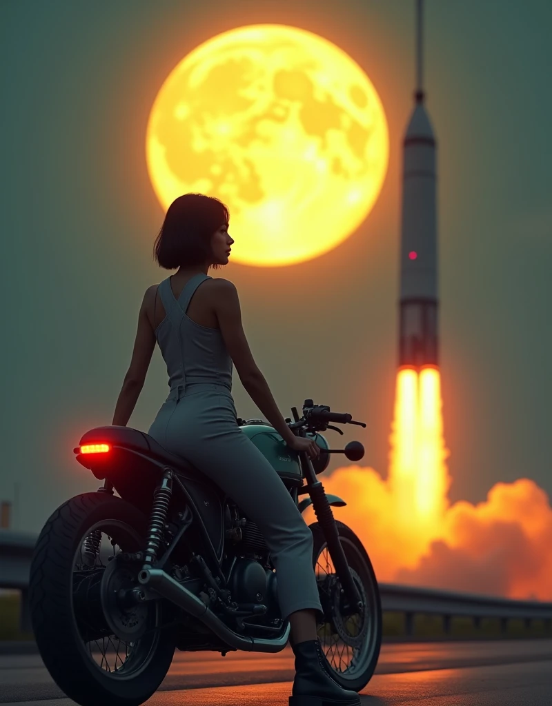 A breathtaking scene set on the night of the Mid-Autumn Festival under a bright yellow full moon. In the foreground, a beautiful young woman from Brooklyn, dressed in a stylish jumpsuit, sits confidently on a classic café racer motorcycle. She has short black bob hair and a cool, composed expression, exuding an urban, sophisticated vibe. The background features a towering space rocket launch pad nearby, with the rocket ready for launch. The scene blends the mystique of the moonlit night with the tension and excitement of a space mission. The vintage motorcycle adds a retro touch, while the overall setting is infused with a mix of urban charm and futuristic ambition. The atmosphere is slightly misty, with the moonlight casting an ethereal glow over the entire scene.