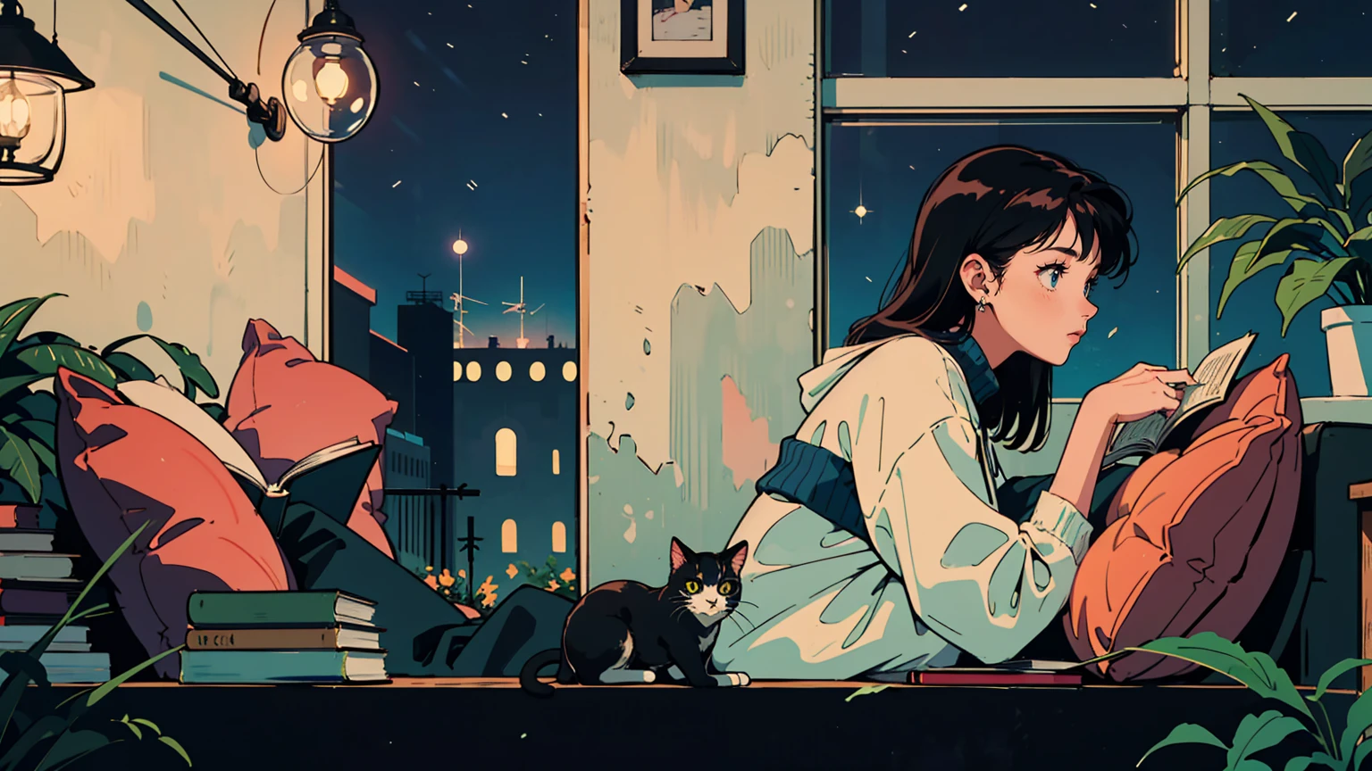masterpiece, top quality, very detailed, absolute resolution, high resolution, This is an illustrated scene of a girl looking at the night sky while sitting by a window holding an unfolded book. A cat is lying on a cushion next to the girl. The room is filled with books, telescopes, and plants, creating a cozy atmosphere.