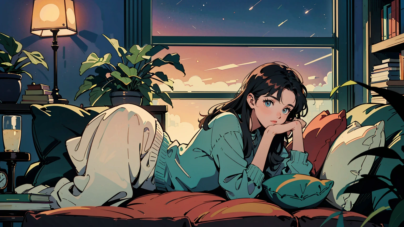 masterpiece, top quality, very detailed, absolute resolution, high resolution, This is an illustrated scene of a girl looking at the night sky while sitting by a window holding an unfolded book. A cat is lying on a cushion next to the girl. The room is filled with books, telescopes, and plants, creating a cozy atmosphere.