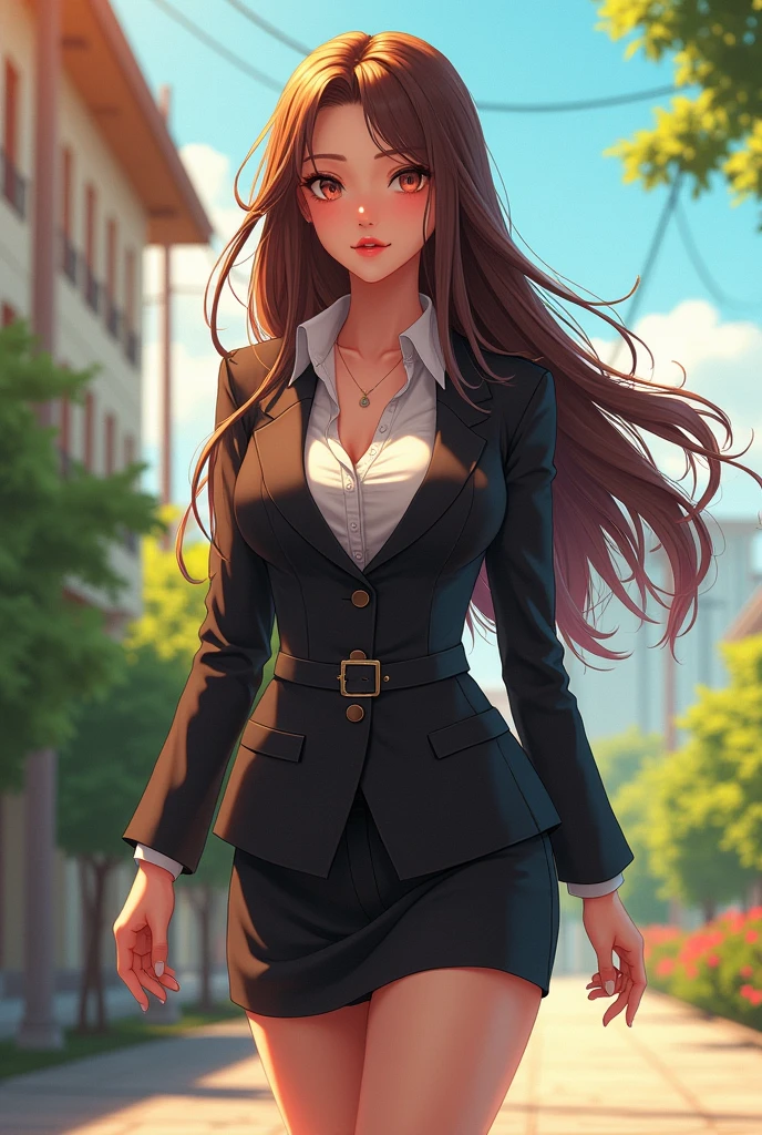 (photorealism:1.2), beautiful woman, long hair , wearing corporate office uniform, long hairstyle, going to work, lighting from above, outdoors, seductive
 pose, anime, intricate details, warm and vibrantcolors, full body is seen including shoes , big thighs , height short
