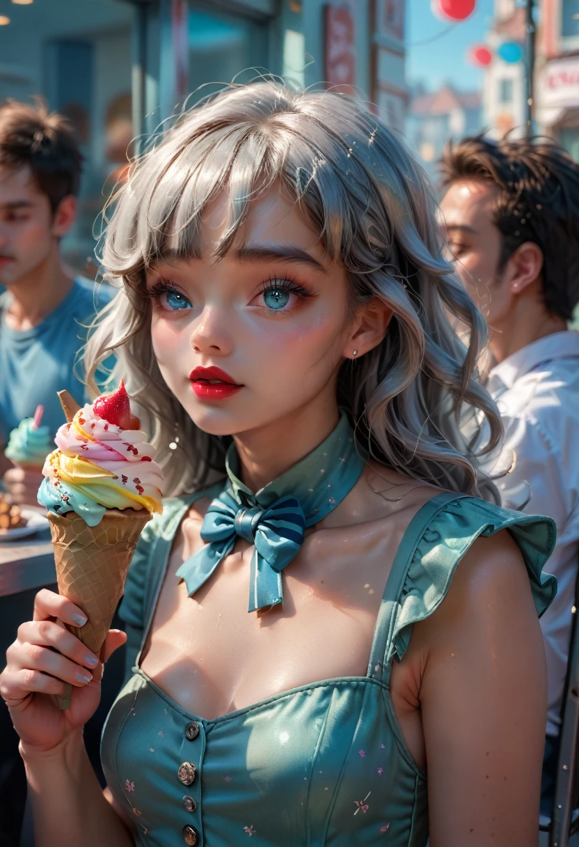 Close-up of a man, holding an ice cream cone, cute girl, woman with wavy silver hair, bang, light blue eyes, Red lips, delicate green dress,