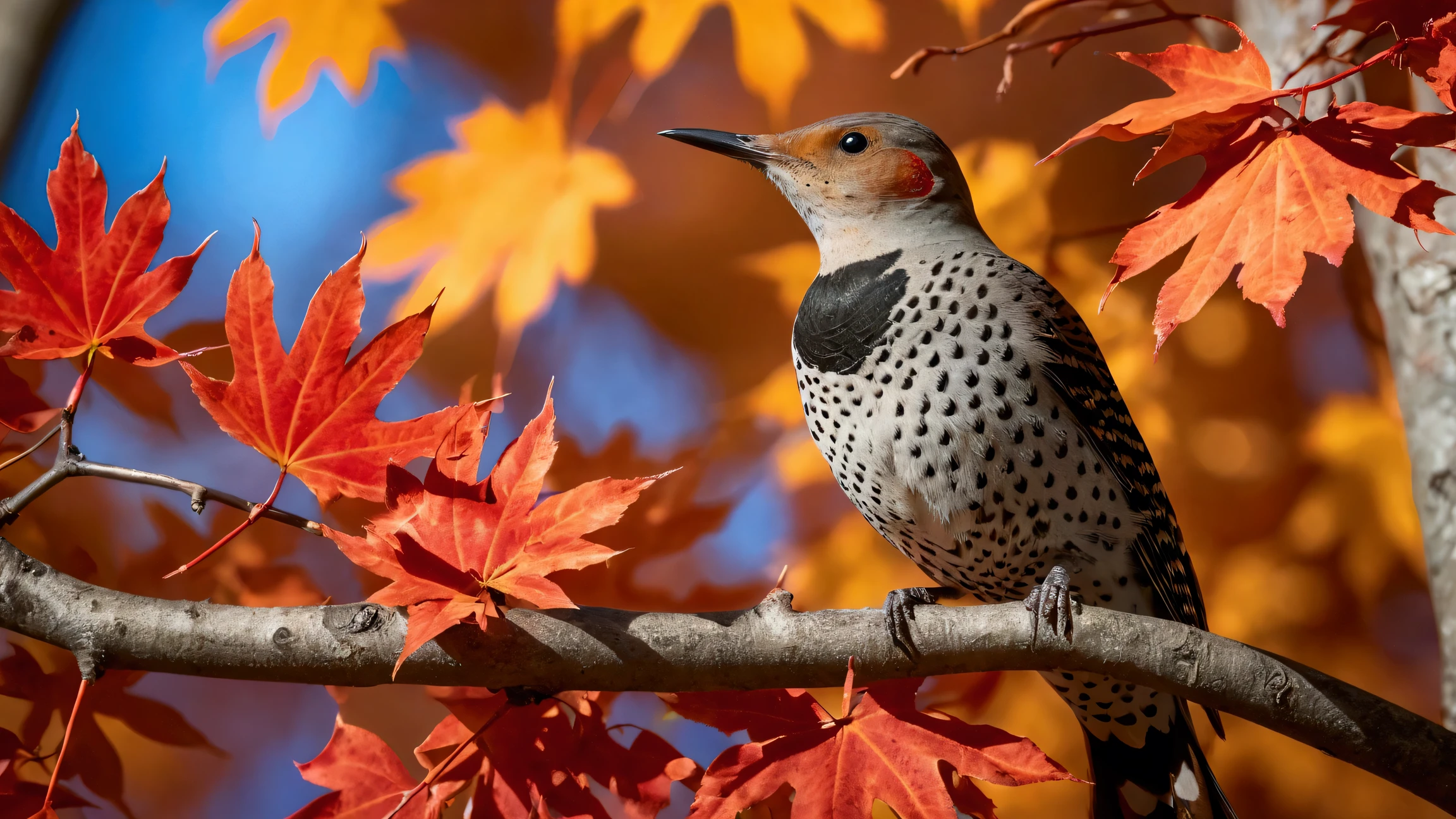 Ultra-high-definition 8K close-up photo of a Northern Flicker perched gracefully on a maple tree branch. The bird is in a striking pose, surrounded by vivid golden and fiery red maple leaves, with a stunning close-up of the vibrant foliage.