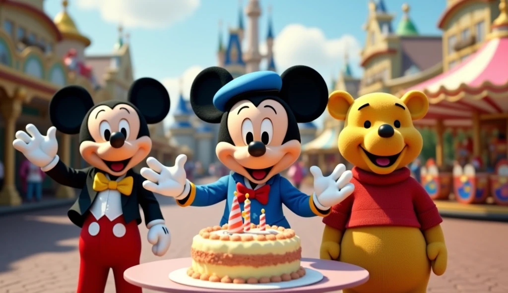 Reference Disney scene,a RAW ultra -realistic photo UHD 8K, image: The camera slowly pans out to reveal the vibrant cartoon amusement park. Mickey Mouse, Donald Duck, and Winnie the Pooh wave excitedly from afar, as the carousel begins to spin gently in the background. Action: The characters start gathering towards the cake, their faces beaming with joy.