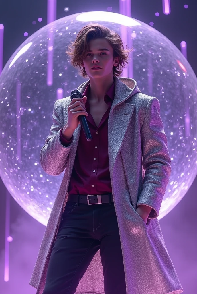 artwork best quality realistic image handsome american male  long brown hair light skin with wine button dshirt and black pants with coat cape and hood on head in silver color with details glowing inside a giant crystal ball and singing with a microphone in hand with purple lights around him illuminating him intricate details seen from afar at a concert with details uhq details 8k realism