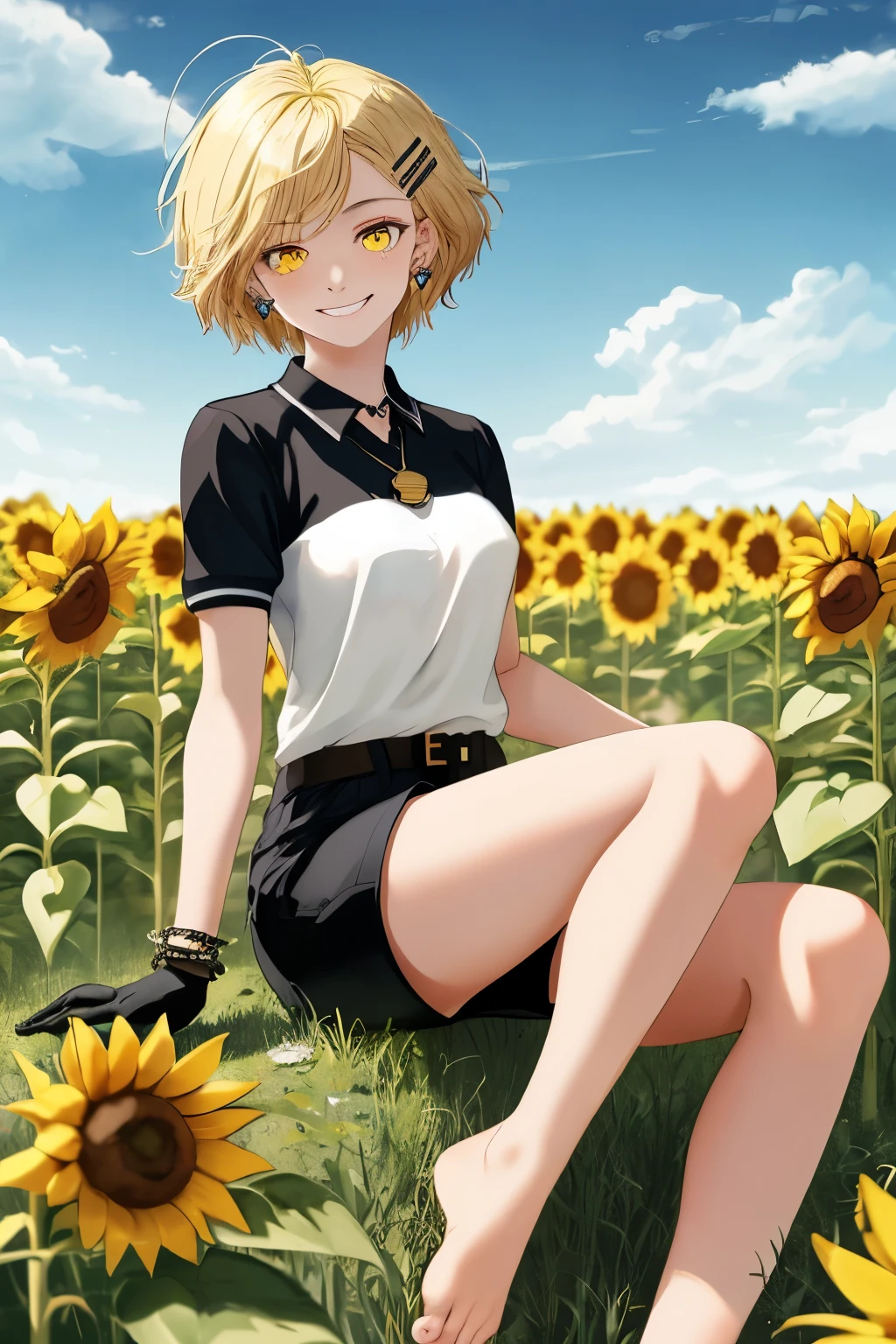 absurd resolution, High resolution, (masterpiece), hyperdetailed, Fantastic and medieval countryside, sunflower field, 1 teenage girl, 18 years, tall statue, blond hair, messy and quite short, hair clips, bright yellow eyes, White skin, Black polo with gradient, long gloves, an amulet on the neck, Brown short shorts, calm and smiling expression, sitting in the field, barefoot, ear piercings, bracelet, she doesn't have breasts.
