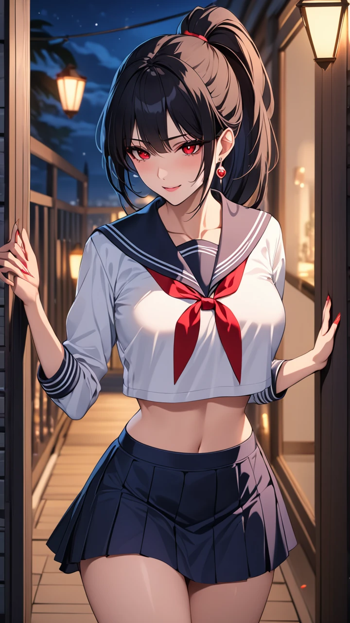 Highest quality masterpiece High resolution masterpiece Black hair Red sharp Eyes, high pony tail cut, seductive smile, tight, outside, night, mature female, earrings wearing sailor uniform, skirt, nightmare, seducing, midriff