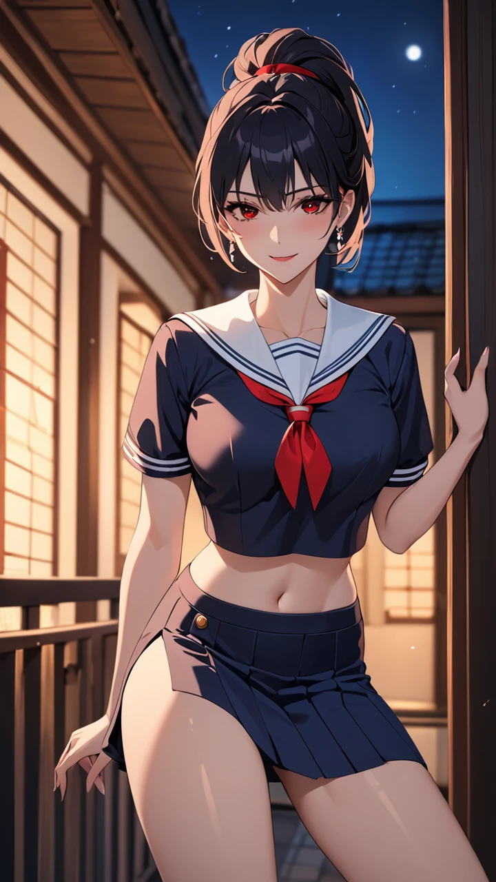 Highest quality masterpiece High resolution masterpiece Black hair Red sharp Eyes, high pony tail cut, seductive smile, tight, outside, night, mature female, earrings wearing sailor uniform, skirt, nightmare, seducing, midriff