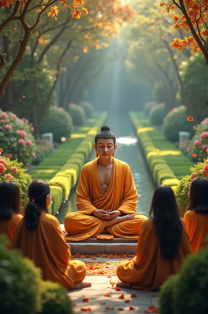 “Gautam Buddha in an HD image, delivering a sermon to a group of followers in a tranquil garden setting.”