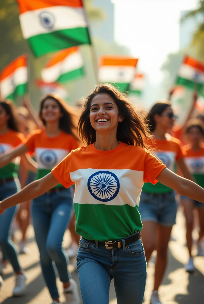 Give me image of youth wearning tshirts of tricolour, performing flash mob on the indian independence day occasion background of indian flags #independence day flashmob