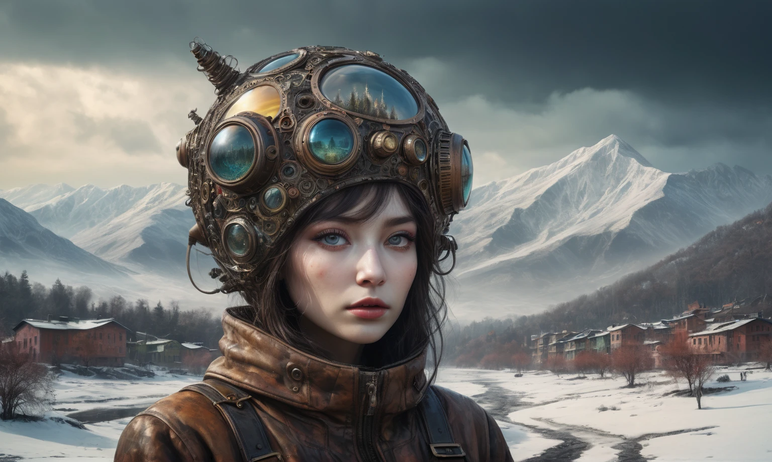 insane fairy from USSR , camouflage Rusty, after a psychiatric clinic,winter,intricate winter landscape,mountains on background,film grain,faded,eyes extremely detailed,another ominous world around,view from height,once pretty face,eyebrow up,full body shot,ominous landscape, Simon Stalenhag,Nicola Samori,full body shot,beggar paladium The Alien Entity,Technicolor,natural skin textures, hyper realism, hyper detailed,Extremely detailed,High contrast,Masterpiece,Realistic,Ultra Detailed, intricate details,realistic humid leather,extremly intricate,Epic Realistic, cinematic style,irina yermolova,high contrast,hdr,extremely detailed, deep night landscape,masterpiece,intricate details,faded,eyes extremely detailed, high detailed eyes,8k resolution,RAW,retina, Nikon Z9,China,tkt style, transition between two art styles, Ink painting to photorealism, Double contact, X-ray, Creative, vivid light, masterpiece, fantasy, Abstract Surrealism, super detailed, high resolution, stop:35;Her skin is pale, almost translucent,a hot air soars through the layers of clouds, revealing a colossal and enigmatic cityscape nestled within. The buildings in this ethereal city are adorned with intricate details and exude an aura of mystery. lend an enchanting touch to the scene. steampunk. The intricate mechanics create a sense of wonder and fascination, as if stepping into a dreamlike realism, Glass geometric shapes with a bunch of trees on it, overgrown planet, Fractal World, A lush world of fantasy, fantasy planet, Dyson geometric shapes, planetary landscape, Jofra Bosschart,psychedelic Mysterious World