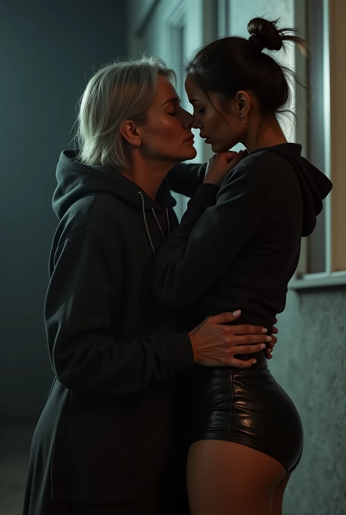 a beautiful black woman with her hair in a bun, wearing a black hoodie and black leather short shorts, being intimately penetrated from behind by an elderly woman wearing a dress, high quality 3d render, detailed facial features, dramatic lighting, cinematic composition, photorealistic, dark gritty urban setting, intense erotic scene
