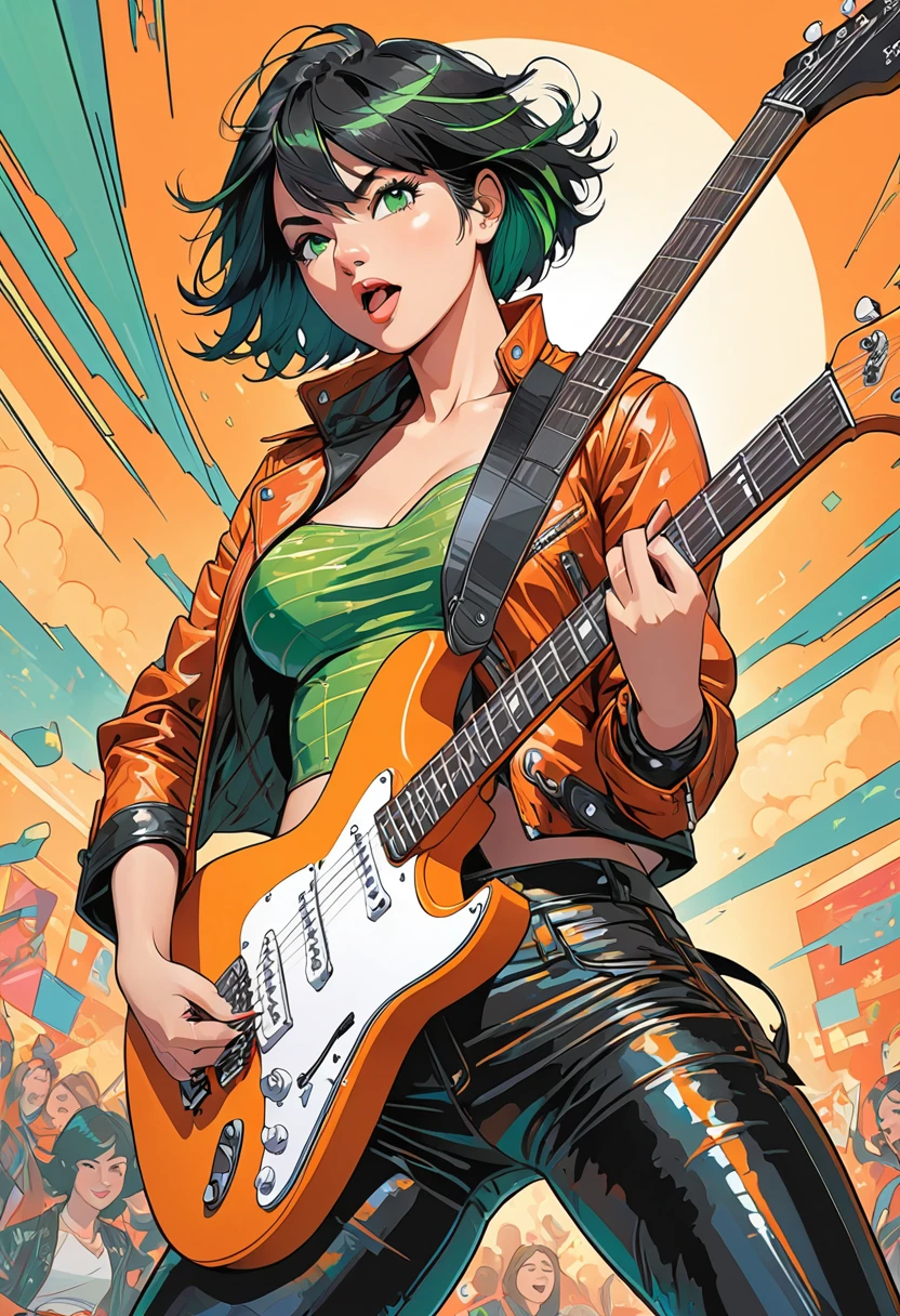 illustration, detailed illustration, ultra detailed, dynamic angle, 30 year old woman, short black hair, hair with green streaks, mismatched eyes, lean, medium breasts, leather bra, leather pants, orange leather jacket, playing electric guitar
