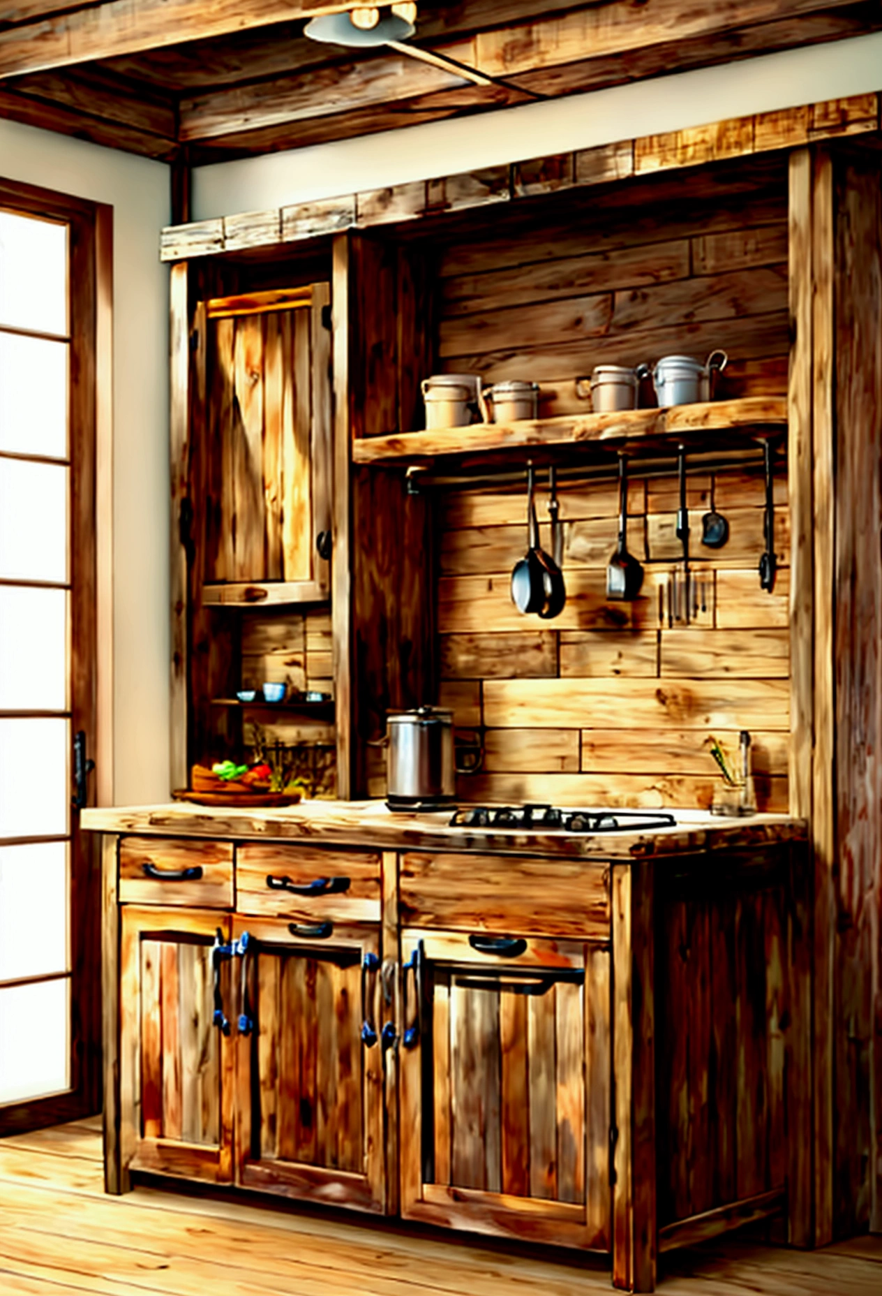 Design a rustic kitchen cabinet in pallet wood with wrought iron fittings