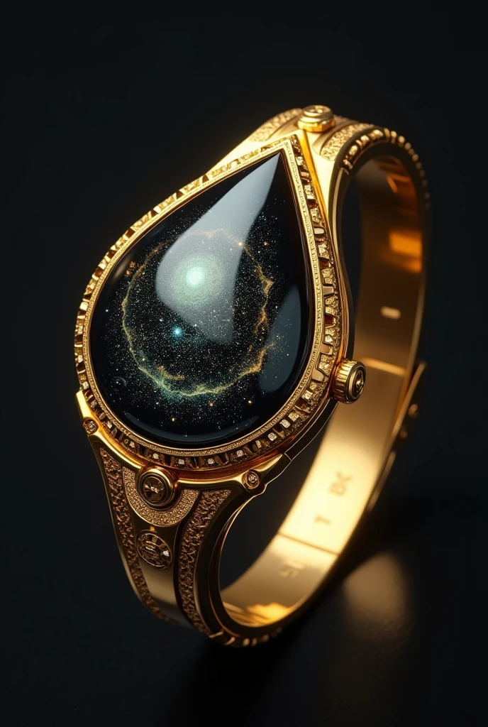 Design an intricate and cosmic-inspired version of the Omnitrix as a golden bracelet or watch. The primary material should be a lustrous, polished gold, giving the artifact an ancient, regal appearance. In the center, replace the traditional Omnitrix dial with a large, teardrop-shaped crystal that is deep black in color. This crystal should be almost opaque, but upon closer inspection, it reveals a vision of the universe within—tiny stars, galaxies, and nebulae swirling as if encapsulated in the crystal's depths. The gold band around the wrist should have a delicate, yet sturdy design, adorned with intricate engravings of celestial patterns such as constellations and planetary orbits. The overall shape is sleek and elegant, more of a high-end bracelet than a bulky device, but still functional in appearance, with subtle mechanisms that hint at its power. The golden surface reflects light beautifully, and the cosmic tear glows softly, giving off an ethereal, otherworldly aura.