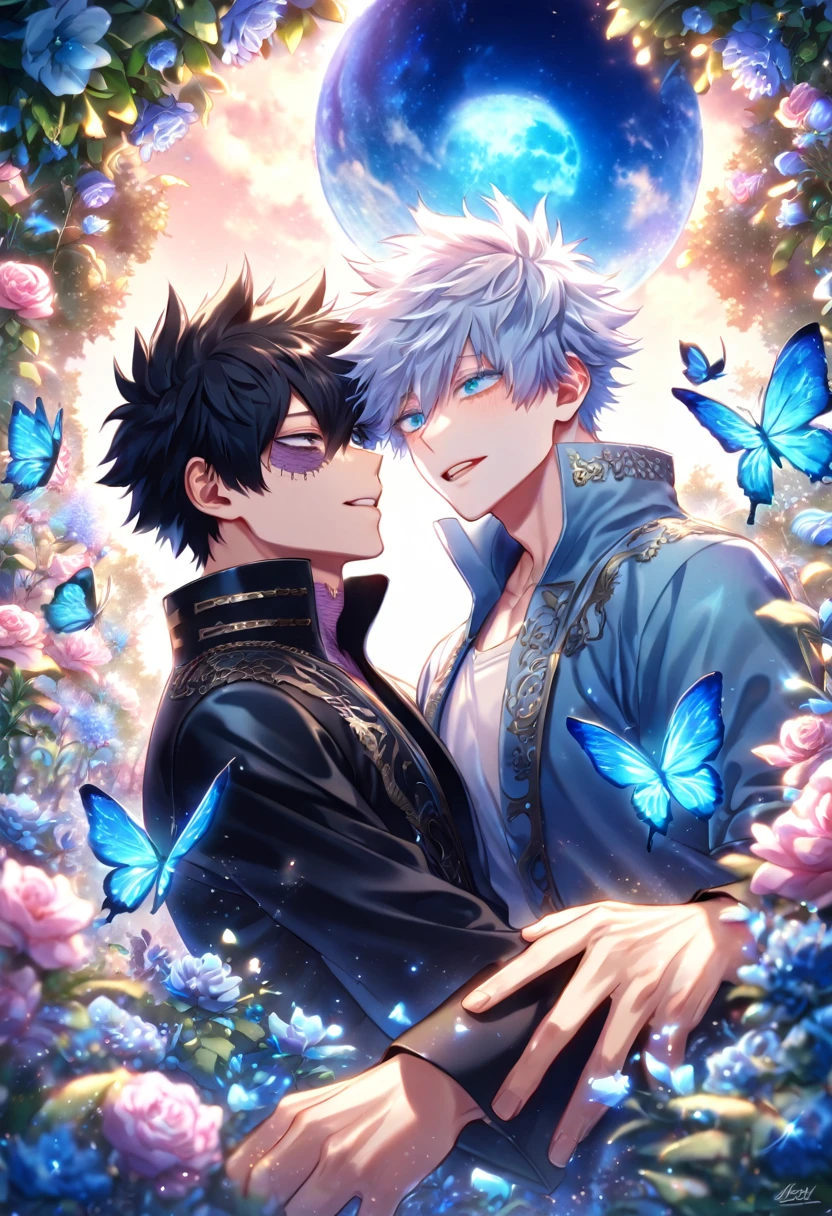 absurdres, highres, ultra detailed, HDR) master piece, best quality, extremely detailed, detailed eyes, detailed face, delicated features, Dabi, black hair, expressive turquoise eyes, Boku No Hero Academia, Gojou Satoru, white hair, expressive blue eyes, white eyelashes, two sexy men together, yaoi, gay couple, in love, handsome, black leather coat with high collar, light-blue coat with fur, fantasy, magical, glittering, water, blue flames, blue moon, blue flowers, blue butterflies, garden