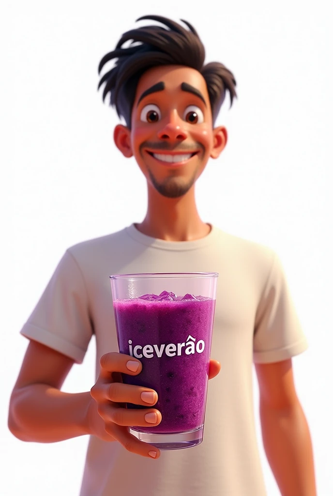 joao frango from the movie catching waves with a white background and png, holding a glass of acai written ``iceverao´´