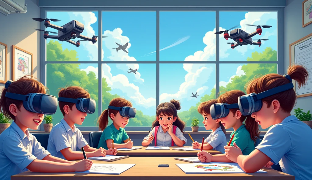 Depicting a bright classroom，Full of technology。Students in the classroom can use VR glasses for virtual reality learning，They can explore various scenarios and knowledge in an immersive way。at the same time，There are also students drawing cartoon characters，Showing their creativity and artistic talent。Teachers are teaching students how to take pictures with cameras，Develop their photography skills。Some people paint with brushes，Express your thoughts and feelings。at the same time，There are students exploring in the classroom，Discover new knowledge and discoveries。There are even students operating drones to measure，Demonstrate technology applications and innovation。The entire illustration can be arranged vertically，Highlight the character&#39;s face and expression，This illustration is suitable for commercial use，Can be used for education related、Promotional material, ETC，Demonstrating modern educational technology and innovation。