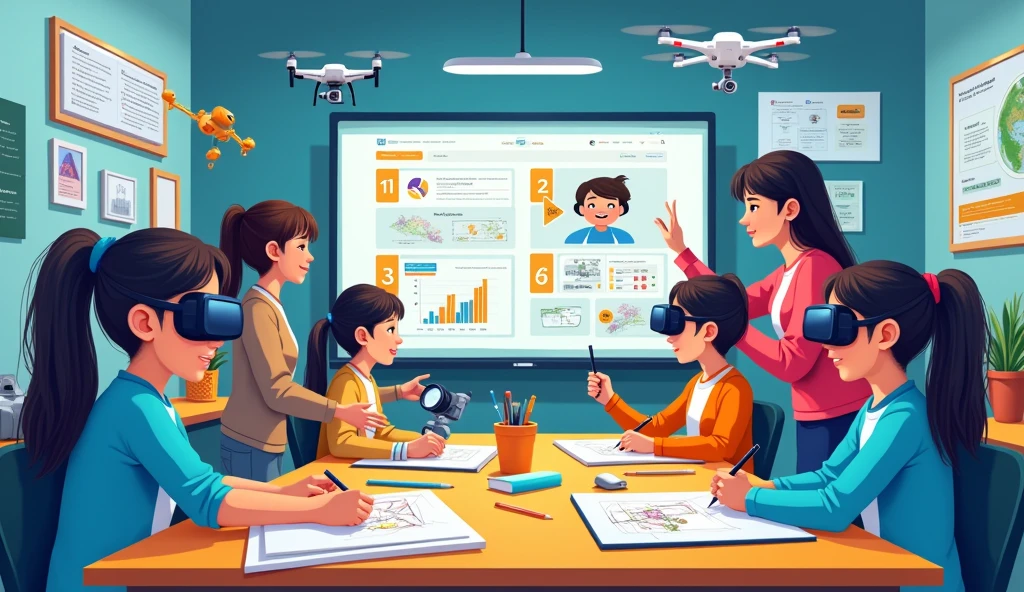 Depicting a bright classroom,Full of technology。Students in the classroom can use VR glasses for virtual reality learning,They can explore various scenarios and knowledge in an immersive way。at the same time,There are also students drawing cartoon characters,Showing their creativity and artistic talent。Teachers are teaching students how to take pictures with cameras,Develop their photography skills。Some people paint with brushes,Express your thoughts and feelings。at the same time,There are students exploring in the classroom,Discover new knowledge and discoveries。There are even students operating drones to measure,Demonstrate technology applications and innovation。The entire illustration can be arranged vertically,Highlight the character's face and expression,This illustration is suitable for commercial use,Can be used for education related、Promotional material, ETC,Demonstrating modern educational technology and innovation。