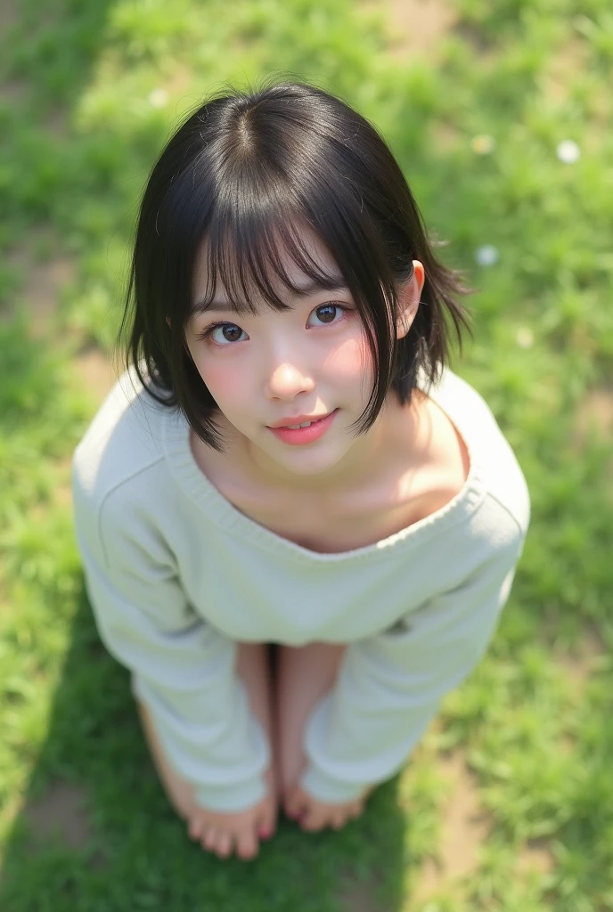 Professional photo-realistic images, (on green in sunlight park), (No bra and wearing a loose white pullover) A cute Japanese woman with fluffy short hair , long hair, blunt bangs, she is crouching, leaning forward, and placing her hands on her knees. the pullover collar is dangle down from chest, her breasts and nipples are glimpse from the gap, She looks at me and blushes with a shy smile. Composition from directly above, nsfw,