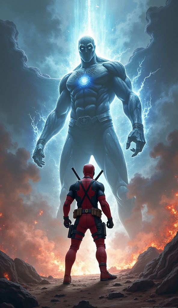 In a surreal clash, Deadpool stands defiantly before the Beyonder, a mere speck of chaos against an infinite force. The world around them warps as the Beyonder effortlessly bends reality, but Deadpool, with a grin and a shrug, charges forward, blades drawn, cracking a joke in the face of omnipotence. The Beyonder, momentarily intrigued by this fearless mortal, hesitates. For a brief, iconic moment, it’s not a battle of strength, but of will—Deadpool’s irreverent spirit against the vast emptiness of the Beyonder’s power. In that instant, the impossible seems almost possible, as humor and humanity confront the divine.