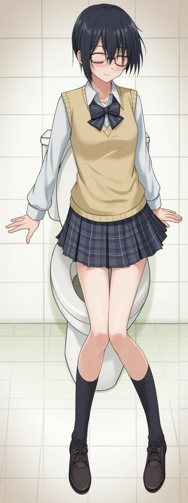 1girl, short hair, black hair, closed eyes, short hair, very short hair, bow, school uniform, plaid vest, plaid skirt, glasses, toilet, sitting, spread legs, cleft of venus, sparse pubic hair, pussy, after masturbation, unconscious, pussy juice, leaning back, head tilt, best quality, amazing quality, very aesthetic, masterpiece