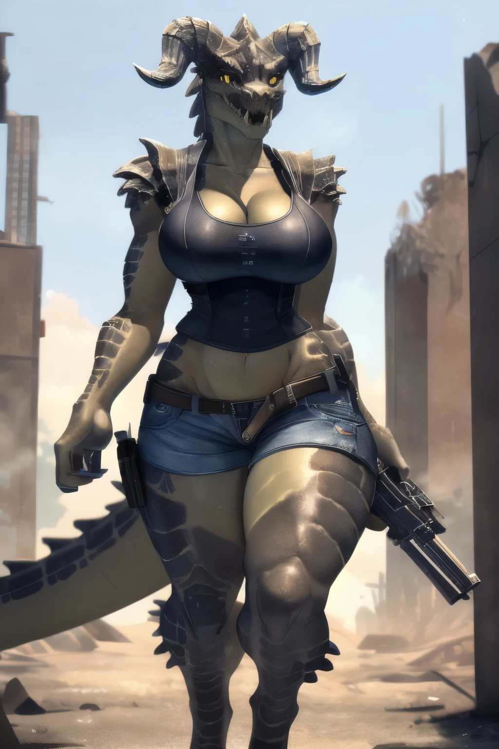 ((4k)), (best body), (sexy women), Solo, score_9,score_8_up,score_7_up, kemono style, Anthro deathclaw from fallout, Anthro reptile girl, snout, green scaled skin, gold eyes, black lips, black horns, black ram horns, athletic body, smiling, walking in a ruined city, holding a rusty gun, wearing bodyarmor, bulletproof vest, blue jean shorts and a blue tank top, sfw, intimidating woman, monstergirl, commission for high res, female dragonborn, well designed female dragon head, anthro lizard, female fursona,  (diamond pupils), (large eyes) 