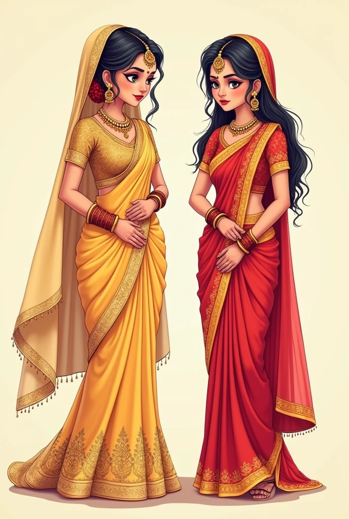 2d cartoon illustration an Indian girl bride.2 poses She wearing a gold lehenga and holding her waist.2 pose in red saree looking shy.Both poses they are standing far but looking at each other.