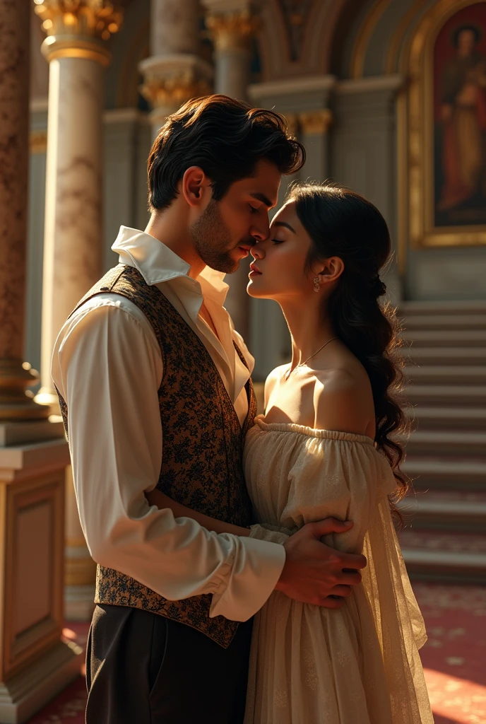 Generate an image of a gay couple, where one is a black-haired Italian prince and the other is of Korean descent. Generate the most realistic image possible 