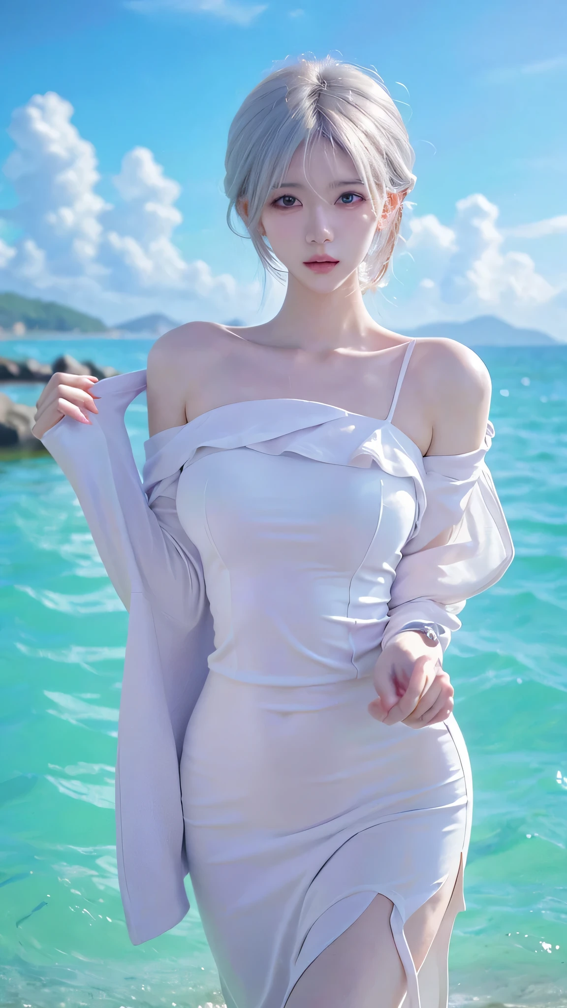 Beautiful woman with perfect figure:1.6,Ultra-high resolution,4K,Beach Background,Long hair,Big Breasts,cute,White legs,(Lifelike:1.4),Layered hairstyle,White skin,whole body,Very delicate face and skin texture,Double eyelids,Skin Whitening,White hair,