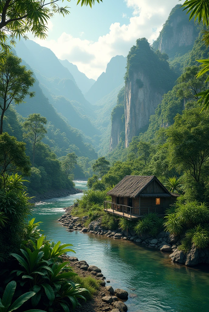 Photorealism 1.2 high definition 8k realistic realism hut at river bank rainforest mountain from above bird eyes view