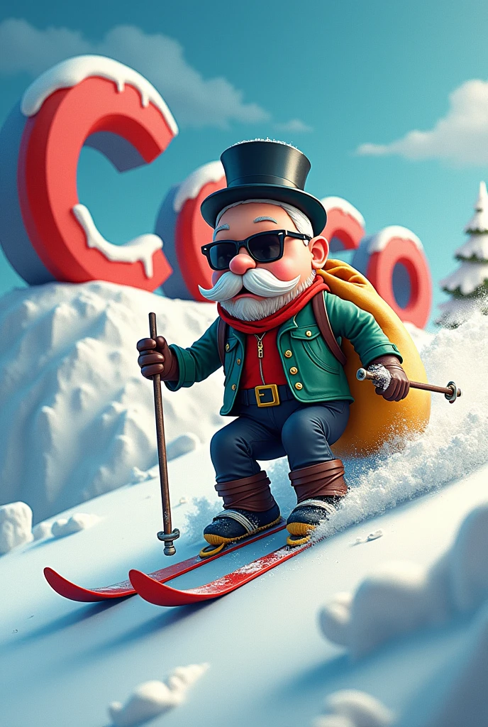Mr. Monopoly with a little white powder under and on his nose with black tinted glasses with a joint in his mouth completely smashed who skis down a mountain with a big open bag filled with white powder and behind him an avalanche where it says Christmas coco in 3d on the avalanche and in cartoon style