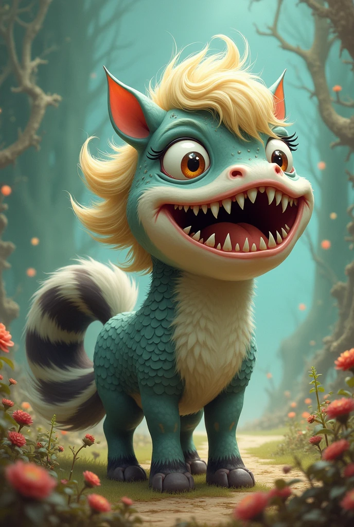 I want a pony with a fish head and a skunk tail.