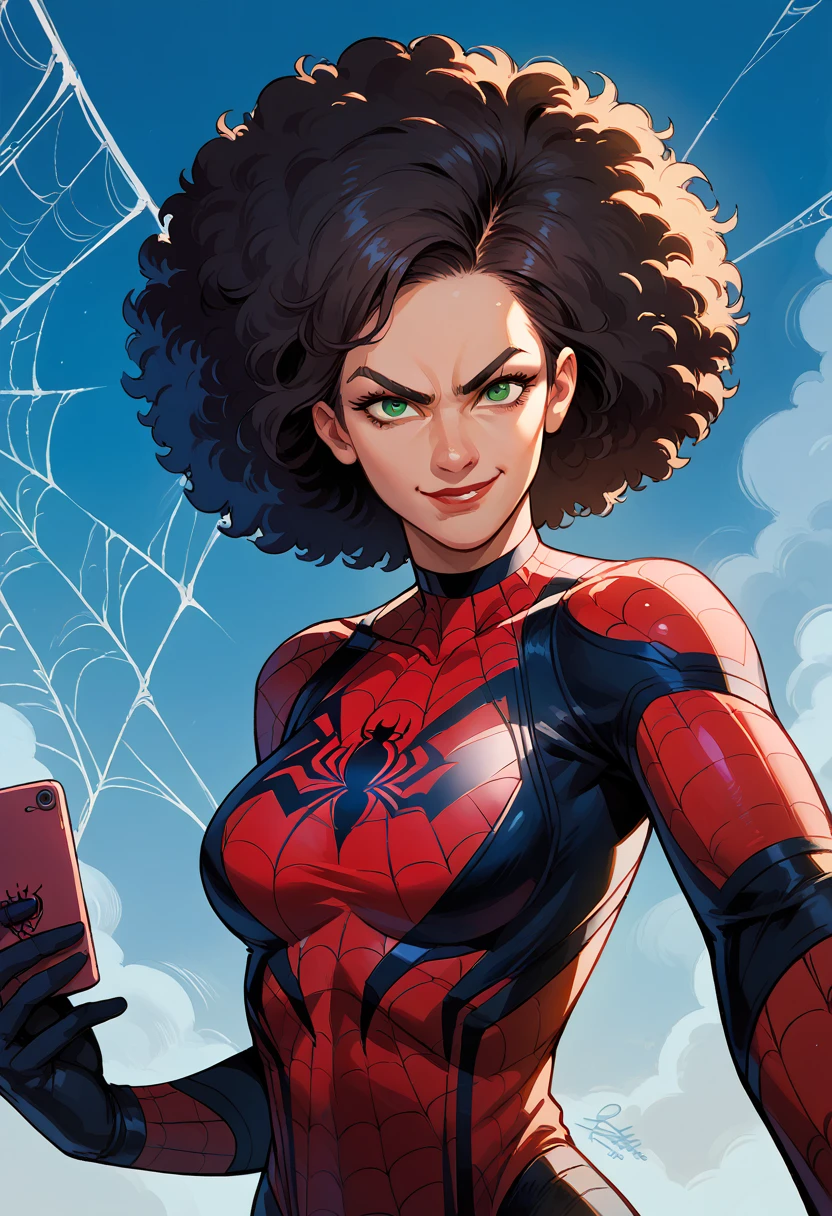 upper body, solo, woman, power, smirk, selfie, looking at viewer, black afro hair, green eyes, spiderman suit, spider web print, spider web, blue sky, 