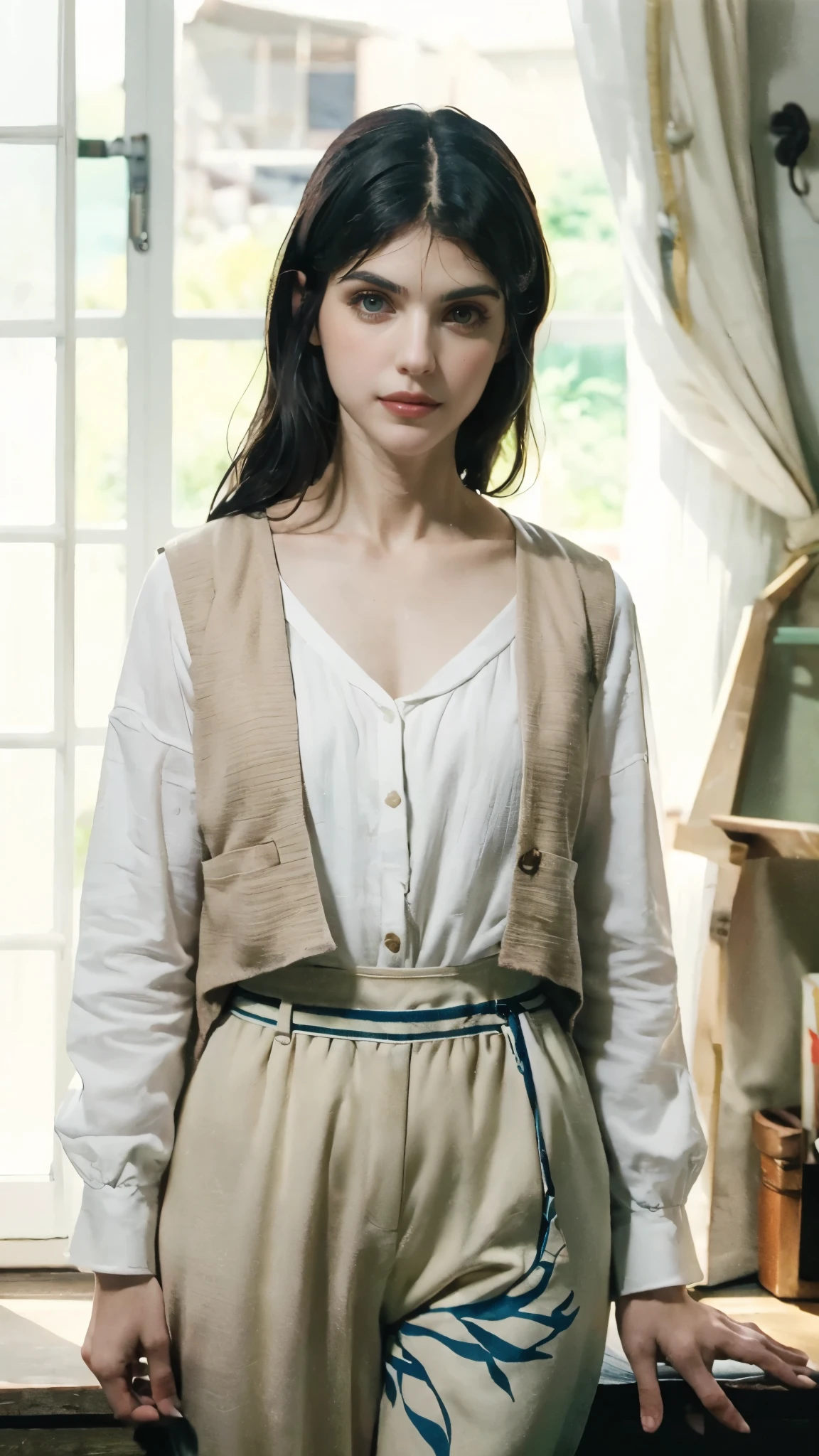 (masterpiece:1.2, best quality:1.2, extremely delicate:1.2), ((Alexandra Daddario:1.2)), a women with short brown hair slicked back, topknot hairstyle, small center-parted fringe, deep eyes, straight eyebrows, perfect face, playful smile, a azure blue fantasy-style cloth vest jacket over a long-sleeved white undershirt, a black waistband, coarse cloth trousers the backdrop of a fantasy-style border outpost, this character embodies a finely crafted fantasy-style female warrior, exquisite photography, Photo realism, photorealistic, goddess, pale skin, perfect skin, textured skin, detailed skin, porcelain skin, dramatic, high definition, highres, ultra-detailed, ultra-fine painting, professional, perfect body proportions, golden ratio, anatomically correct, symmetrical face, perfect eyes, extremely detailed eyes and face, high quality eyes, creativity, RAW photo, UHD, 32k, Natural light, cinematic lighting, (masterpiece-anatomy-perfect:1.2)