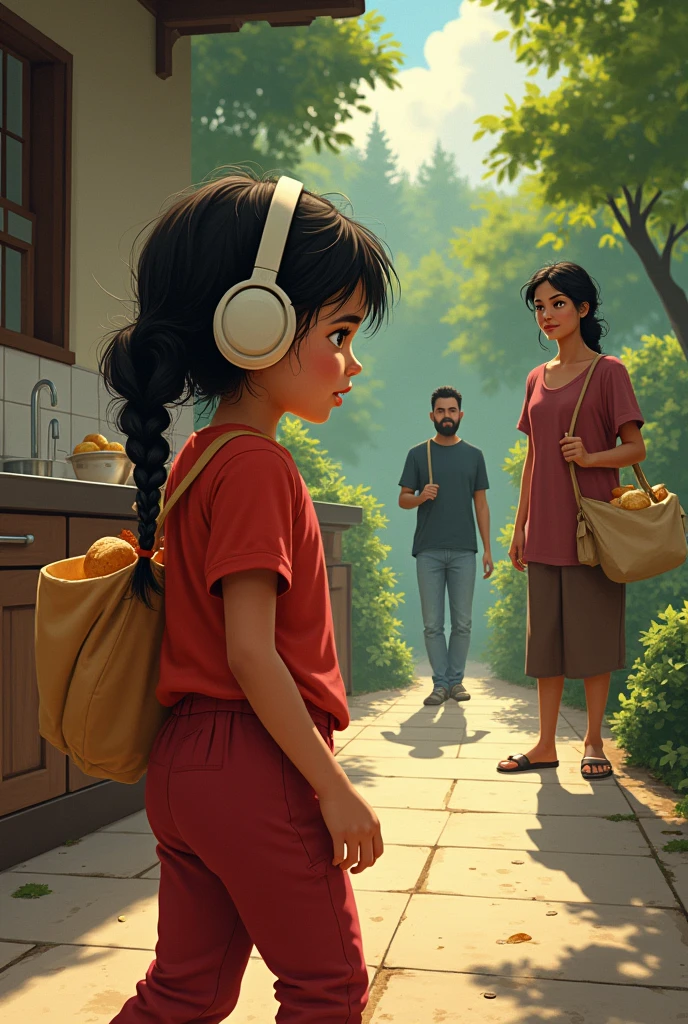 Make the following illustrations according to the instructions for a story.
illustration: An image of a girl with headphones and a red outfit, Walking through the streets of Bosa with headphones and a bag of arepas.
illustration: The girl's mother in the kitchen, handing the arepas to the girl. Let the kitchen have Colombian details.
illustration: The girl's mother pointing her finger, while the girl listens attentively. You can show the concern on the mother's face.
illustration: the girl walking through a park with a pipe in the middle and shadows, y un señor con barba y ropa rota aparece detrás de una banca observandola
illustration: He isñor acercándose a la niña con una sonrisa amigable. The girl stops and looks at him in fear..
illustration: The girl showing the bag of arepas to the man and the man seems interested and kind.
illustration: He isñor corriendo rápidamente por el parque, with a sly expression on his face. Puedes mostrar la casa de la grandma de la niña a lo lejos.
illustration: La grandma de la niña abriendo la puerta y viendo al señor, with a surprised expression y miedo. El chal de la grandma cae al suelo mientras ella corre.
illustration: He isñor disfrazado de la grandma, lying in bed with the shawl, the glasses and the hat. The bed can have details such as a colorful quilt.
illustration: La niña tocando la puerta de la casa de la grandma, with a worried expression. The door is ajar.
illustration: He isñor en la cama, tratando de imitar la voz de la grandma. the girl enters the room, looking at the "grandma" with curiosity.
illustration: A close-up of the girl looking at the man in bed, with a surprised expression. He isñor tiene los ojos muy abiertos.
illustration: The girl pointing at the man's ears, while the gentleman responds with a sly smile.
illustration: the girl running to the door, while the grandmother enters with a machete in her hand.
illustration: He is