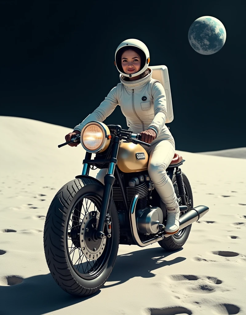 A beautiful young woman smilly face,from Brooklyn, dressed in a modern astronaut spacesuit, riding a classic cafe racer motorcycle on the surface of the Moon. The Moon's surface is brightly illuminated by the sunlight, creating a stark, bright environment. In the distance, Earth can be seen, floating against the blackness of space. The woman is wearing a sleek, futuristic spacesuit with a helmet, her expression still cool and composed. The motorcycle retains its vintage design, creating a striking contrast between the retro bike and the futuristic lunar setting.