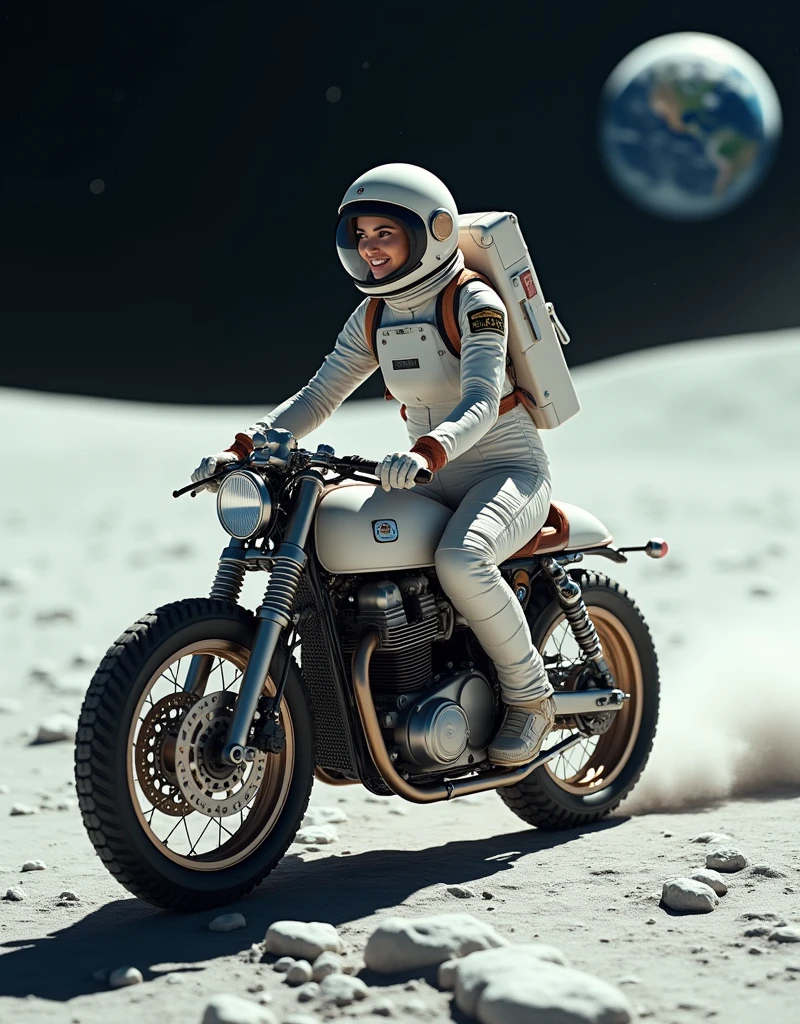 A beautiful young woman smilly face,from Brooklyn, dressed in a modern astronaut spacesuit, riding a classic cafe racer motorcycle on the surface of the Moon. The Moon's surface is brightly illuminated by the sunlight, creating a stark, bright environment. In the distance, Earth can be seen, floating against the blackness of space. The woman is wearing a sleek, futuristic spacesuit with a helmet, her expression still cool and composed. The motorcycle retains its vintage design, creating a striking contrast between the retro bike and the futuristic lunar setting.
