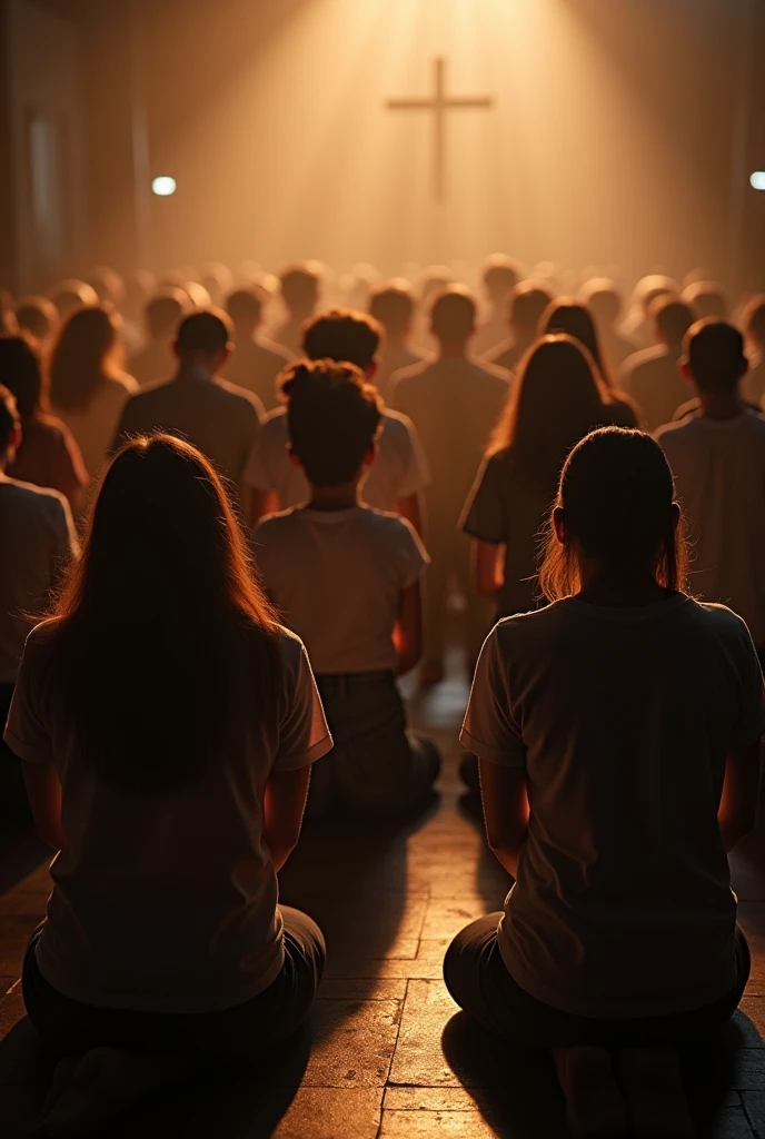 Twenty young people praying on their knees in an evangelical church with backlight