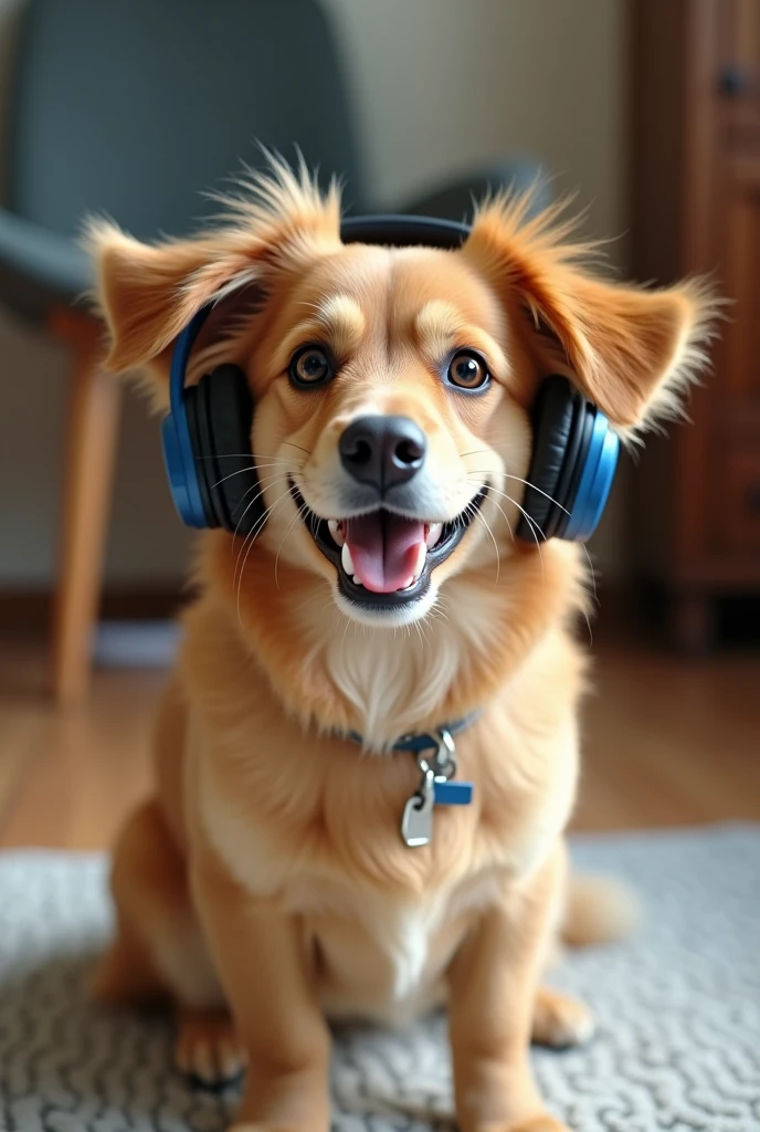 A dog with headphones 
