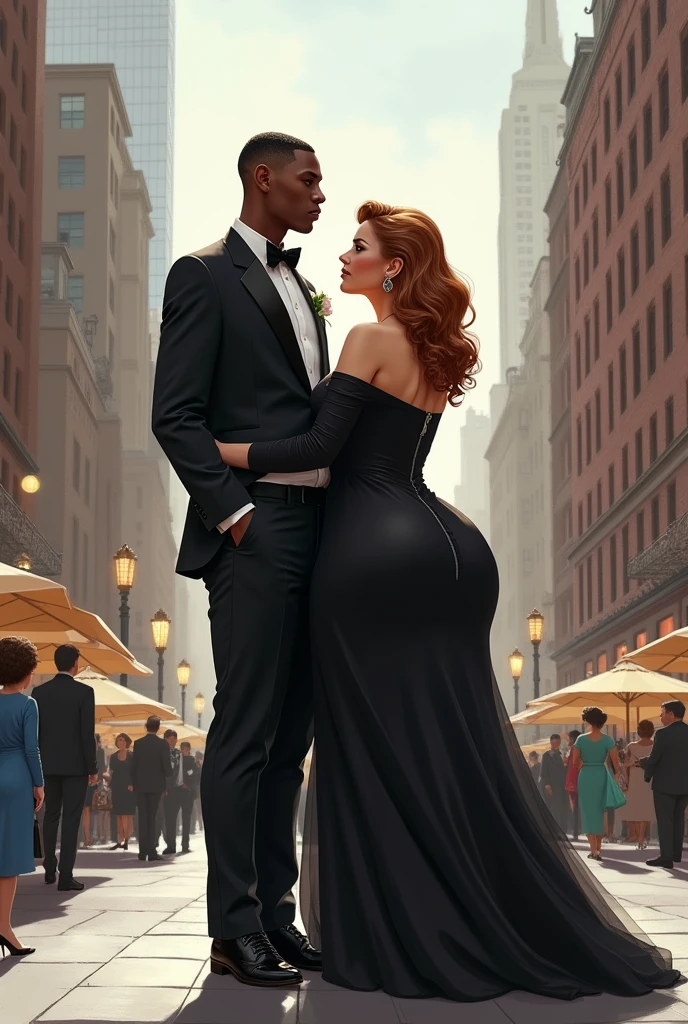 Illustration of a couple consisting of a young black man with short haircut, super tall stature with a thin but muscular body, with thin facial features wearing formal clothing and by an extremely white woman, lowrise, curvilinea, with broad shoulders, with a wide and defined body, green-eyed, with wavy light brown hair with a shade of red, wide hip, thick-thighs, tiny waist and very large buttocks wearing a long, long-sleeved, modest dress. The two in New York. 