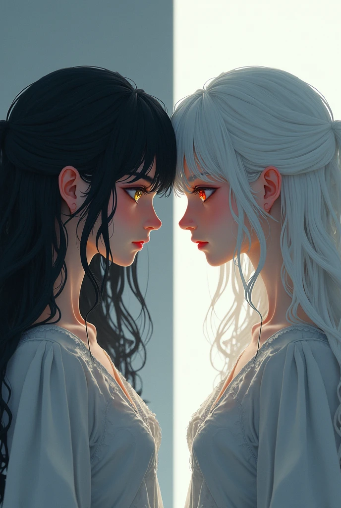 A girl with black hair and yellow eyes looking at a mirror reflection of a girl with white hair and red eyes