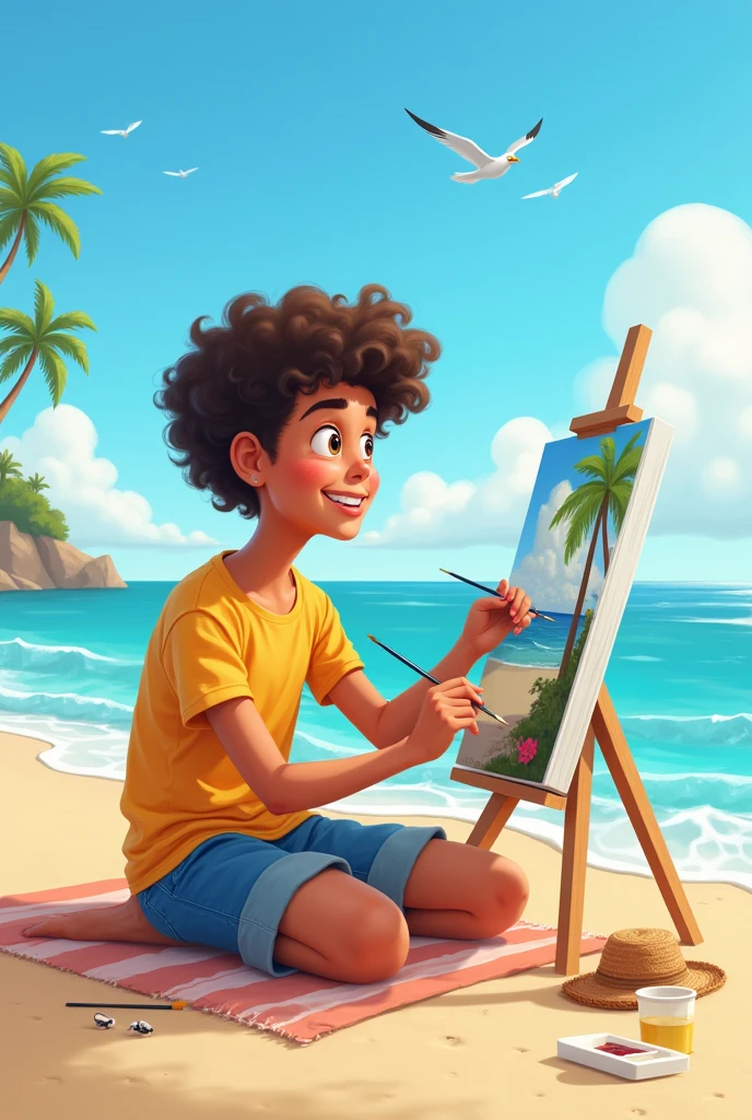 Create the image of a young person relaxing on the beach, painting a picture, of cartoon style