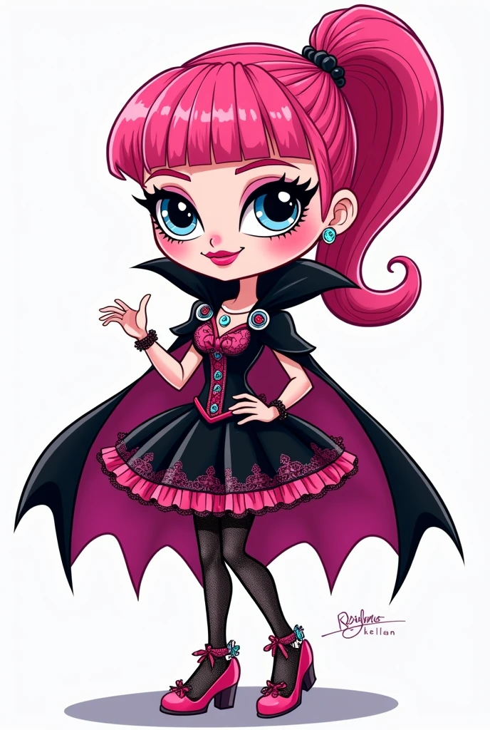 drawing of Polly pocket from the 2000s dressed in Draculaura's clothes