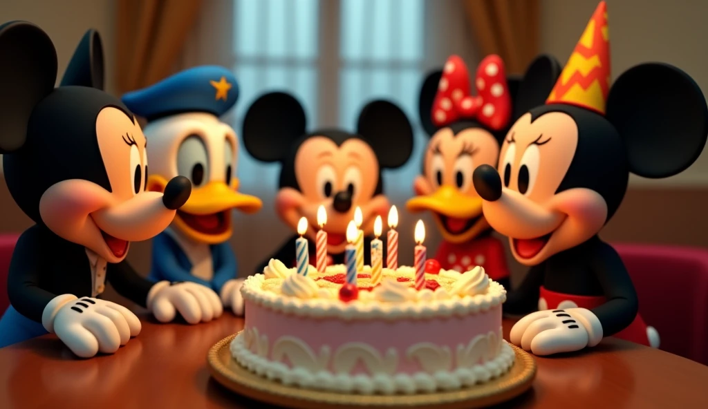 Reference Disney scene,a RAW ultra -realistic photo UHD 8K Image: The camera zooms in to a close-up of the cake, where the characters are now seated in a circle, arms around each other's shoulders, preparing to sing the birthday song. Action: Mickey Mouse taps a virtual drum to set the tempo for the song.