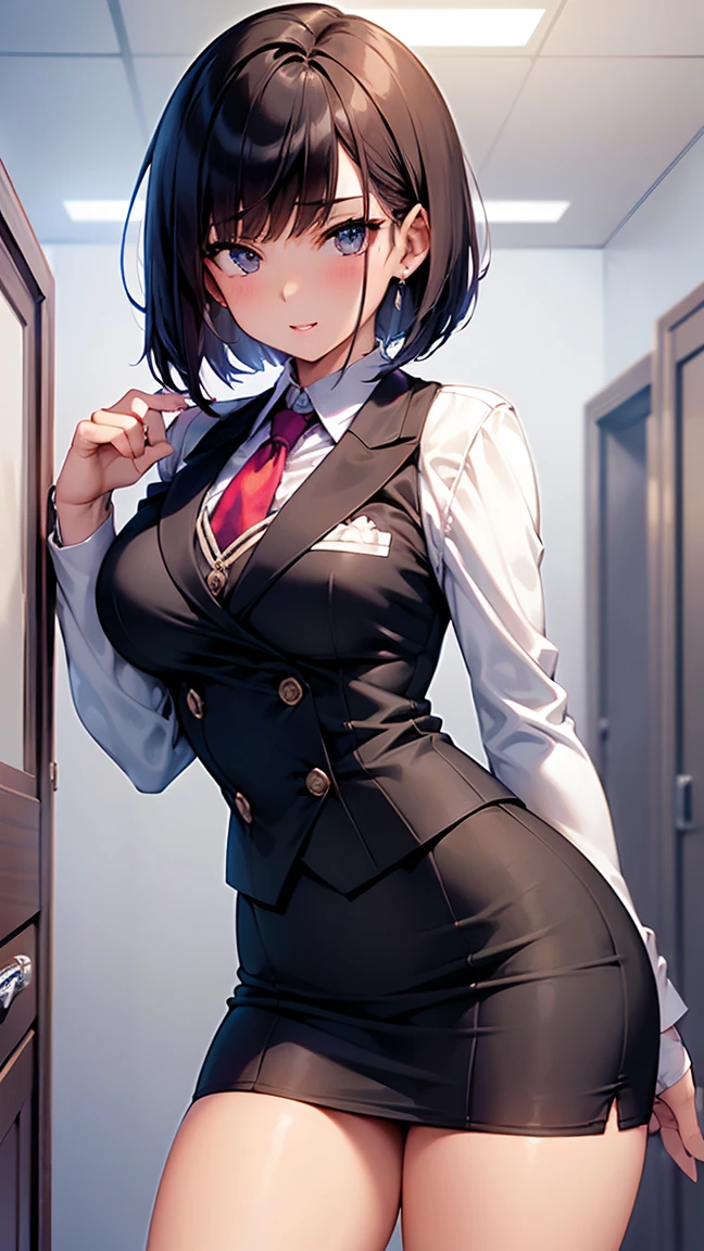 score_9, score_8_up, score_7_up, source_anime, 1girl, black eyes, room, wariza, medium hair, bob haircut, dark brown hair, gradient hair, portrait, solo, Adult woman, best perfect anatomy, thin, curvy body, medium , curvy body, close up shot on person, a woman showing happy, close up shot on person, pov_doorway, a woman showing his hand, mature standing poses, wear a mouth mask, skirt suit, (((three-piece suit))), necktie, blazer, (((suit jacket))), (((waistcoat))), double-breasted wais bodycon miniskirt, pencil skirt, tie clip, pocket square, pocket watch, white format gloves, pantyhose, dynamic . perfect dynamic composition, foreshortening, dramatic shading, night days, volumetric lighting, hotel room background,