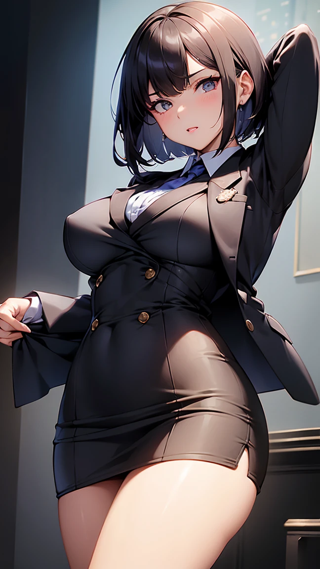 score_9, score_8_up, score_7_up, source_anime, 1girl, black eyes, room, wariza, medium hair, bob haircut, dark brown hair, gradient hair, portrait, solo, Adult woman, best perfect anatomy, thin, curvy body, medium breasts, curvy body, close up shot on person, a woman showing happy, close up shot on person, pov_doorway, a woman showing his hand, mature woman standing poses, wear a mouth mask, skirt suit, (((three-piece suit))), necktie, blazer, (((suit jacket))), (((waistcoat))), double-breasted waistcoat, bodycon miniskirt, pencil skirt, tie clip, pocket square, pocket watch, white format gloves, pantyhose, dynamic angle. perfect dynamic composition, foreshortening, dramatic shading, night days, volumetric lighting, hotel room background,