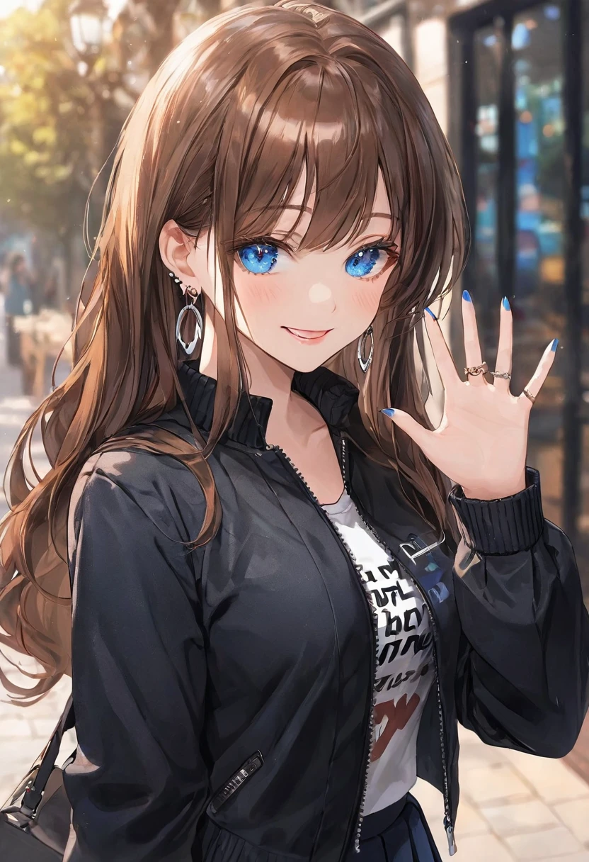 One girl, Ahoge, bangs, black skirt, black sweater, Blue Claws, Blurred, Blurred background, chest, Blue eyes, Brown Hair, brown Jacket, Mouth closed, Day included, Day, Depth of written boundary, Earrings, eyelash, Raise your hand, Tilt your head, Jacket, jewelry, Long Hair, Long sleeve, View Viewer, medium chest, Manicure, Open clothes, open Jacket, Outdoor, Pursed lips, Tucked in shirt, Side Lock, skirt, Sleeves are longer than the wrist, alone, sweater, Upper Body, zipper, smile, ((masterpiece)),