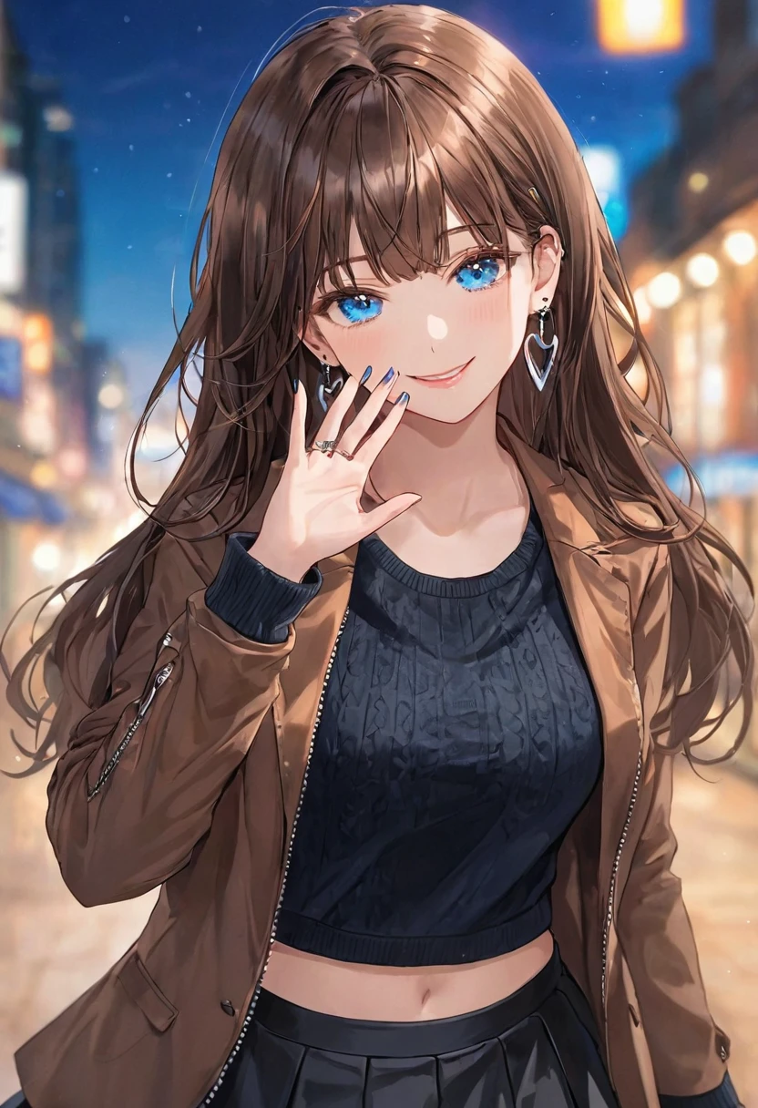 One girl, Ahoge, bangs, black skirt, black sweater, Blue Claws, Blurred, Blurred background, chest, Blue eyes, Brown Hair, brown Jacket, Mouth closed, Day included, Day, Depth of written boundary, Earrings, eyelash, Raise your hand, Tilt your head, Jacket, jewelry, Long Hair, Long sleeve, View Viewer, medium chest, Manicure, Open clothes, open Jacket, Outdoor, Pursed lips, Tucked in shirt, Side Lock, skirt, Sleeves are longer than the wrist, alone, sweater, Upper Body, zipper, smile, ((masterpiece)),